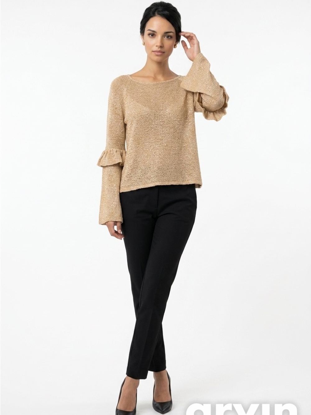 Cuesta Blanca Gold Metallic Knit Sequin Ruffle Long Sleeve Sweater Sz 42